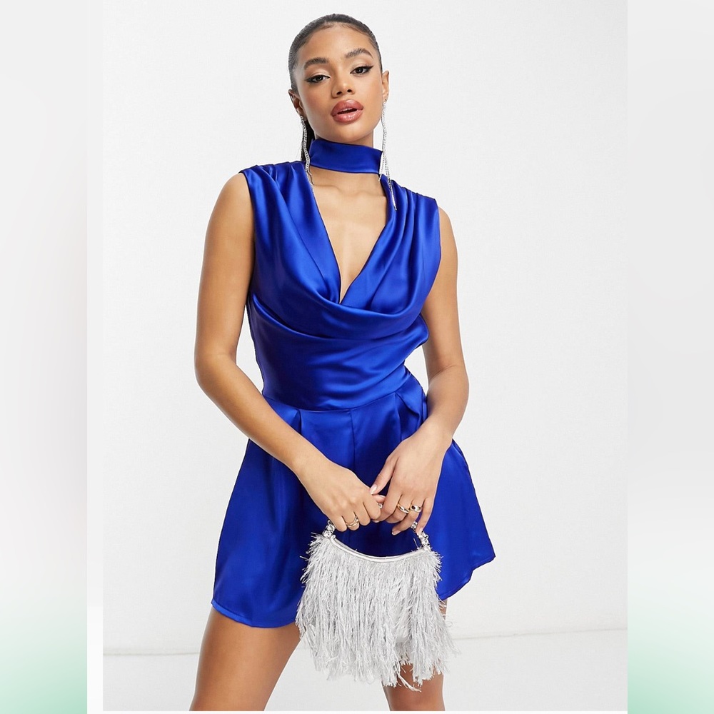 NWT ASOS x First Distraction the Label Cowl Neck Romper Cobalt Blue, UK 8 / US 4
